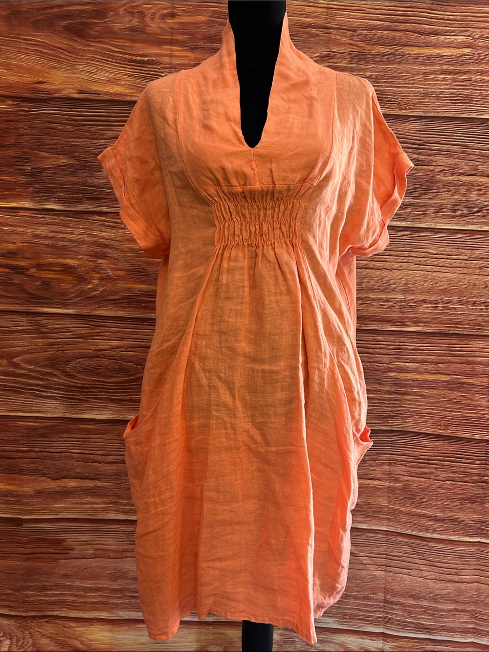 Meo Meli Casual Orange Linen midi Dress with Smocked Empire Waist | Medium